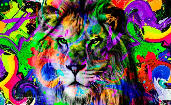Colorido Artístico Leão Focinho Com Respingos Tinta Brilhante Fundo Escuro — Fotografia de Stock