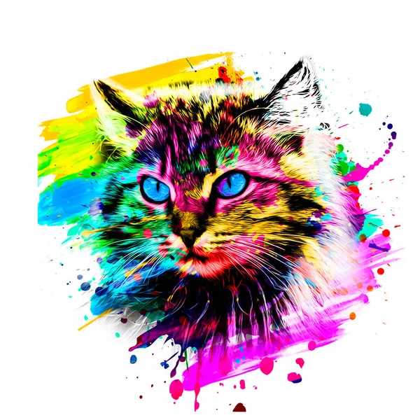 Colorido Artístico Gato Focinho Com Respingos Tinta Brilhante Fundo Branco — Fotografia de Stock