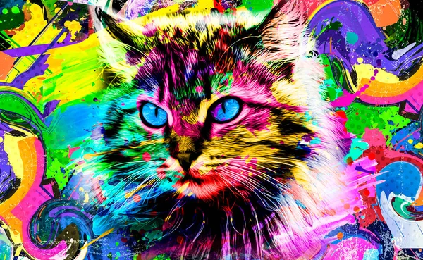 Colorful Artistic Cat Muzzle Bright Paint Splatters Dark Background — Stock Photo, Image