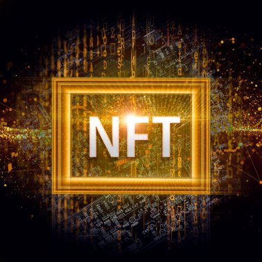 Koyu arkaplanda parlak çerçeveli altın Nft kripto para birimi, kripto para birimi kavramı 