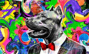Ceketli pitbull köpek kafası ve koyu arkaplanda yaratıcı soyut elementlerle papyon.