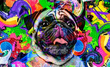 Yaratıcı renkli soyut elementlere sahip pug kafası 