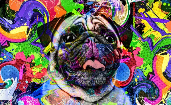 Pug head with creative colorful abstract elements