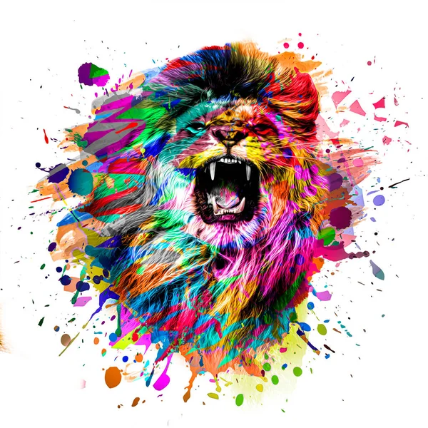 Colorful Artistic Lion Muzzle Bright Paint Splatters — Stock Photo, Image