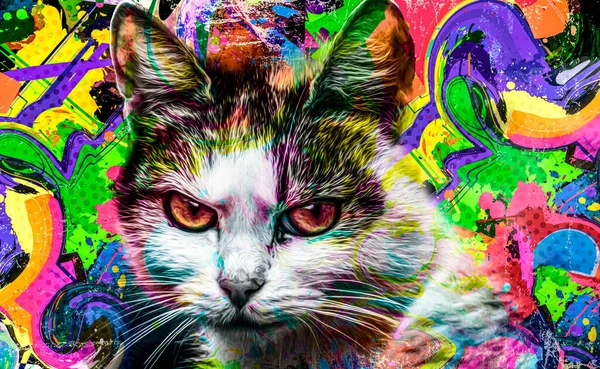 Gato Artístico Colorido Focinho Com Respingos Tinta Brilhante — Fotografia de Stock