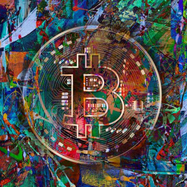 Beyaz arka planda parlak boya lekeleri olan renkli bitcoin, kripto para kavramı 