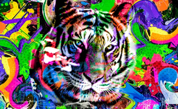 Colorato Muso Artistico Tigre Con Spruzzi Vernice Brillante — Foto Stock