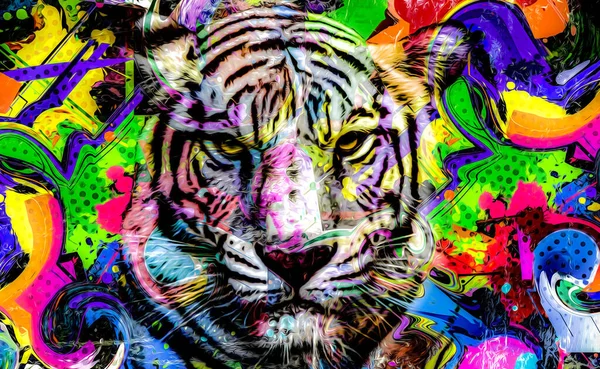 Colorful Artistic Tiger Muzzle Bright Paint Splatters — Stock Photo, Image