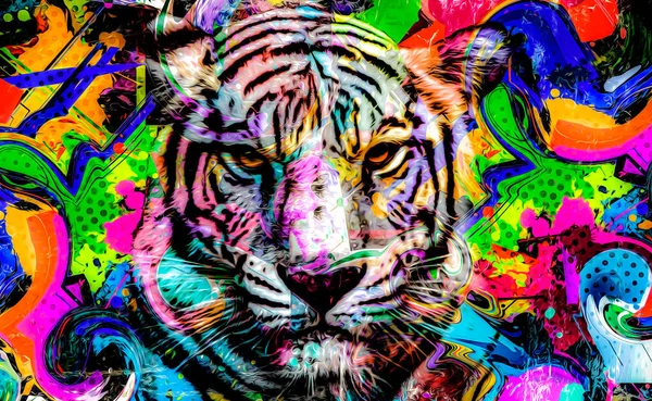 Colorido Tigre Artístico Focinho Com Respingos Tinta Brilhante — Fotografia de Stock