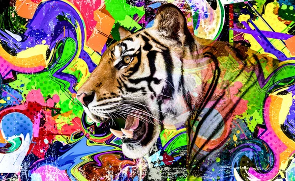 Bunte Künstlerische Tiger Schnauze Mit Bunten Farbspritzern — Stockfoto