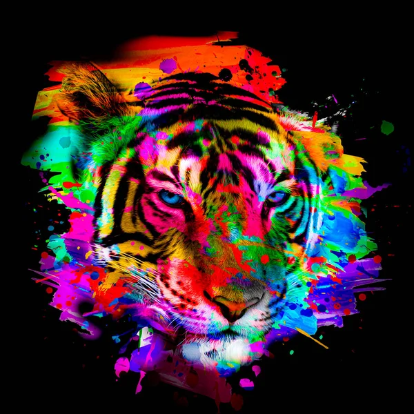 Colorido Tigre Artístico Focinho Com Respingos Tinta Brilhante — Fotografia de Stock