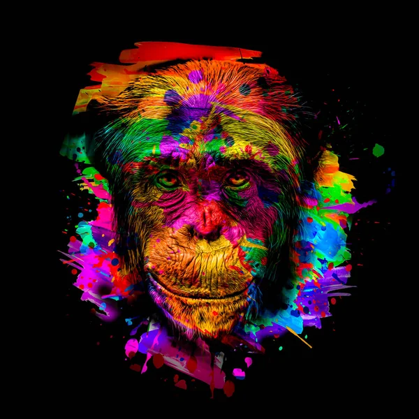 Renkli Sanatsal Maymun Kafası Renkli Yaratıcı Elementlerle Siyah Arkaplanda — Stok fotoğraf