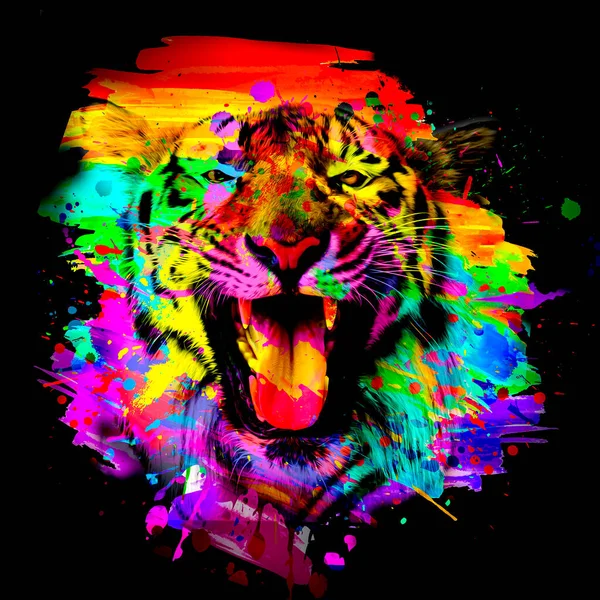 Colorful Artistic Tiger Muzzle Bright Paint Splatters — Stock Photo, Image