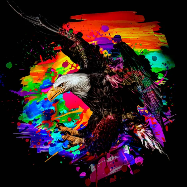 Colorido Artístico Águia Focinho Com Respingos Tinta Brilhante Fundo Escuro — Fotografia de Stock
