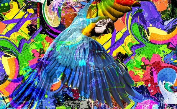 Abstract Gekleurde Papegaai Met Kleurrijke Verf Spatten Achtergrond — Stockfoto