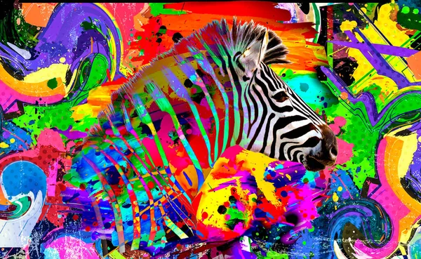 Bunte Künstlerische Zebraschnauze Mit Bunten Farbspritzern — Stockfoto