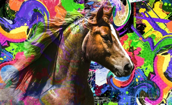 Kleurrijke Artistieke Paard Muilkorf Met Heldere Verf Splatters — Stockfoto