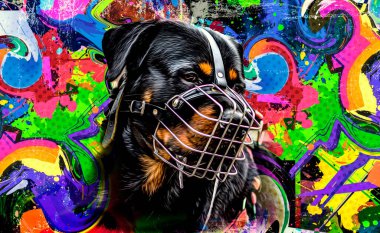 Renkli sanatçı Rottweiler ağızlık ve parlak boya sıçramaları. 