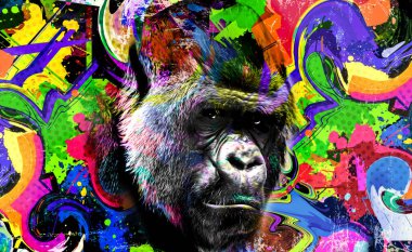 Renkli sanatsal maymun kafası arka planda renkli yaratıcı elementlerle