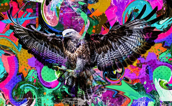 Colorato Muso Aquila Artistica Con Brillanti Schizzi Vernice Sfondo Scuro — Foto Stock