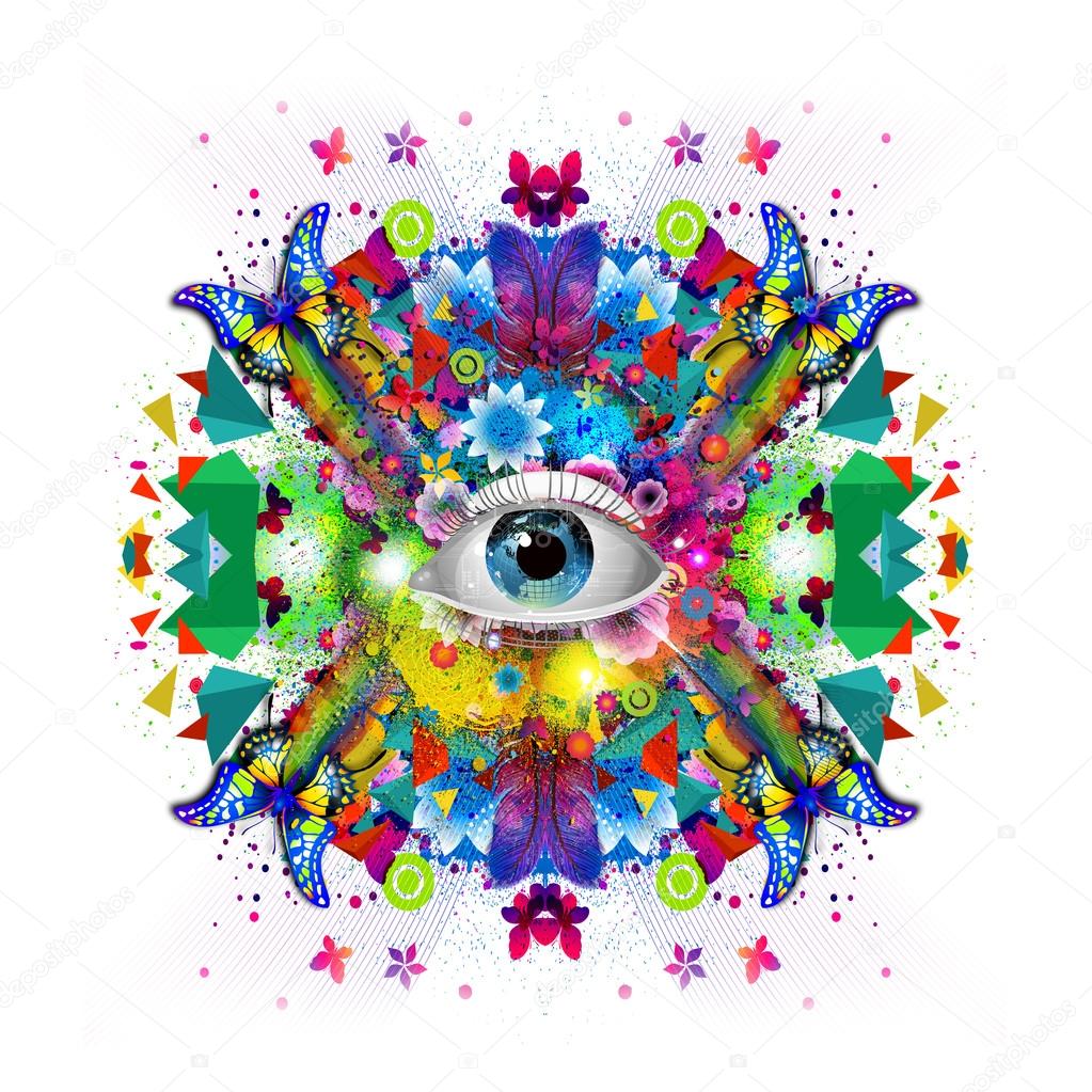Abstract eye with butterflies and flowers