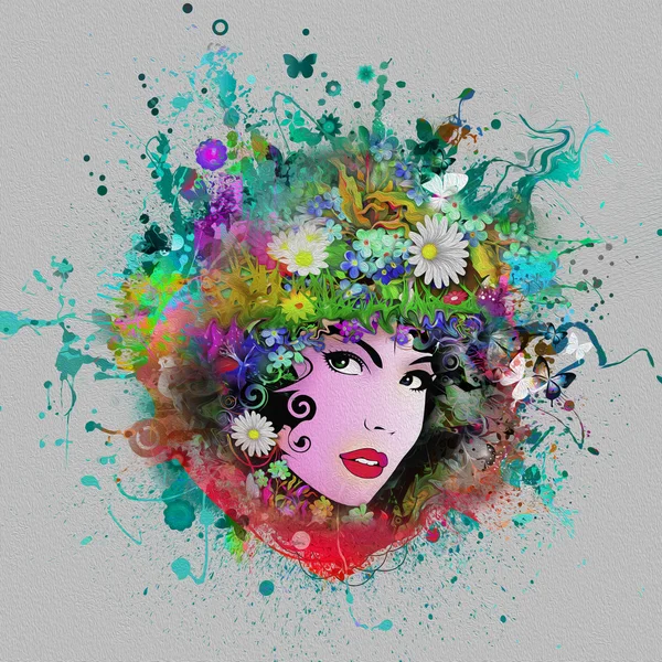 Female face over futuristic floral background — Stock Photo, Image