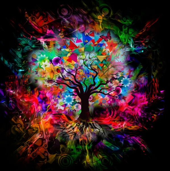 Árvore multicolorida com borboletas — Fotografia de Stock