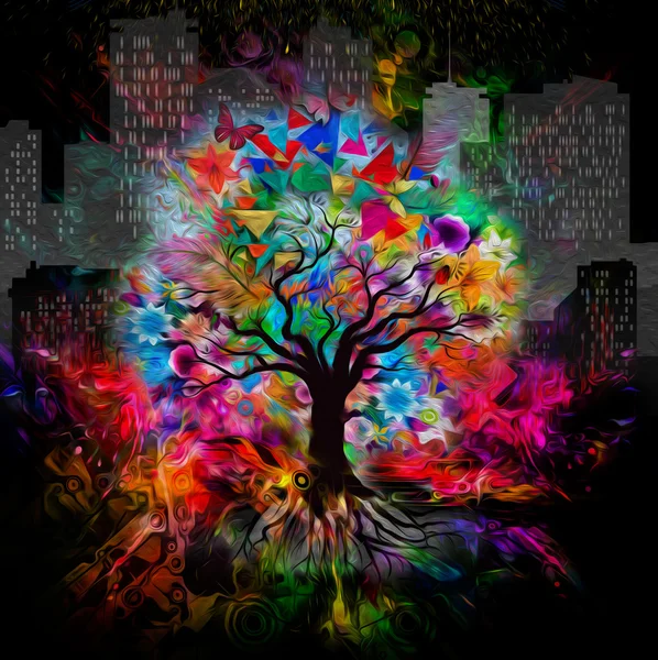 Multicolored Tree with buidings — Stock Photo, Image