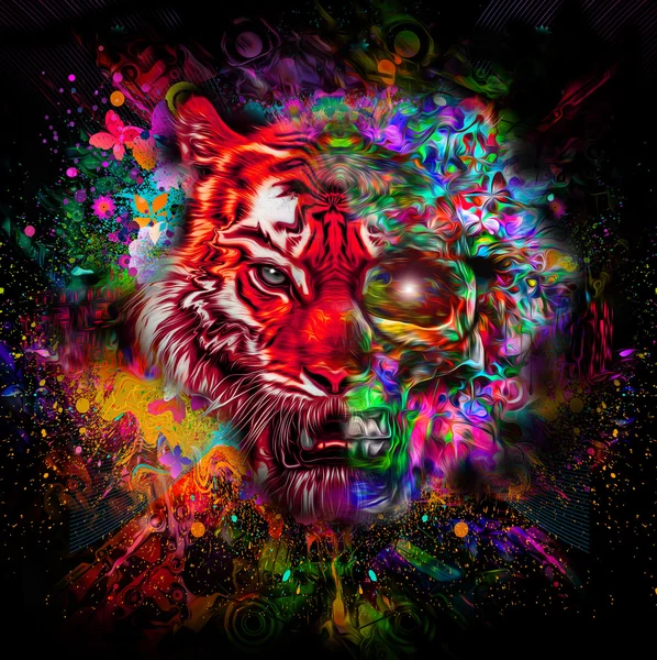 Cabeça de tigre colorido com metade do crânio — Fotografia de Stock