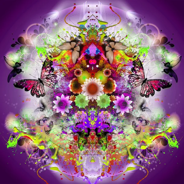 Абстрактные красочные цветы с бабочками — стоковое фото