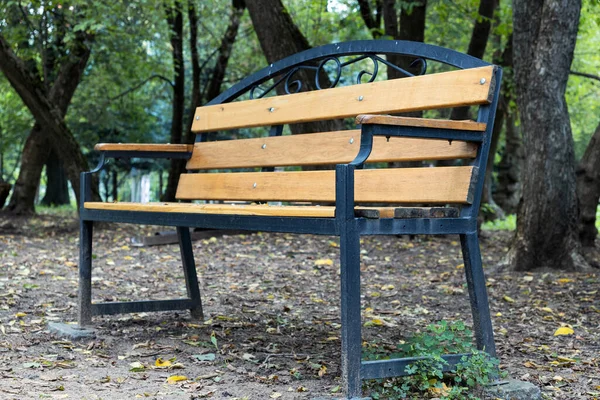 Sonbahar parkında ahşap bir bank. Kapat.