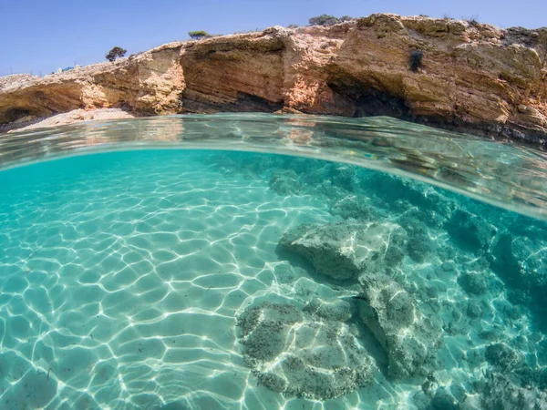 Half underwater view of an exotic beach of Koufonissi island, Greece