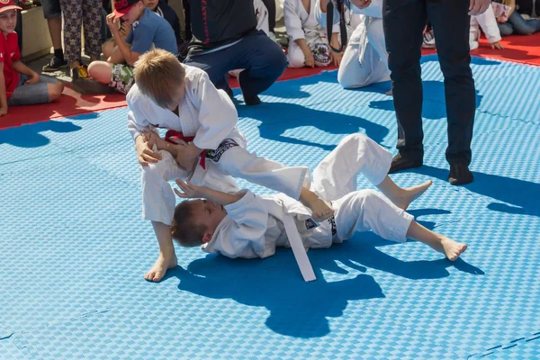 Giovani lottatori judo 8-10 anni sulla performance dimostrativa — Foto Stock