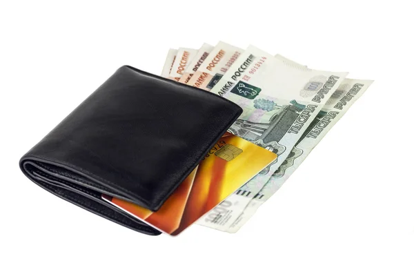 Brieftasche mit russischem Rubel und Bankkarte. — Stockfoto