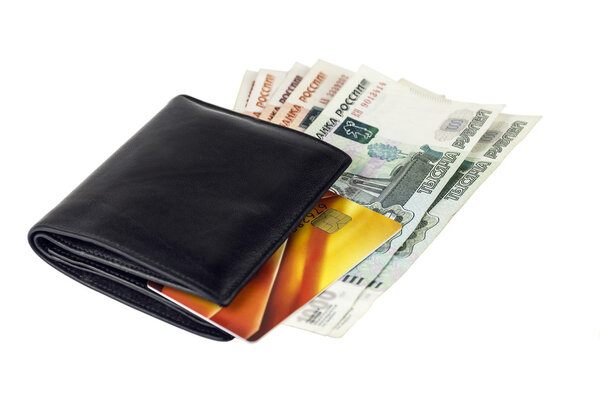 Wallet with Russian rubles and bank card.