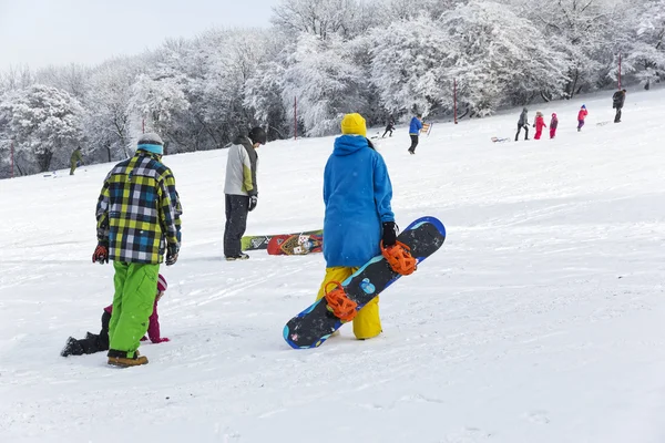 Volwassenen en kinderen sleeën en snowboarden. — Stockfoto