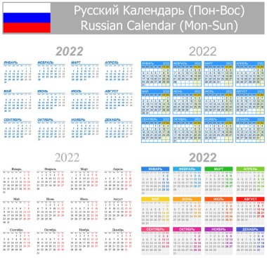 Beyaz arkaplanda Rus Karışık Takvimi Mon-Sun 2022
