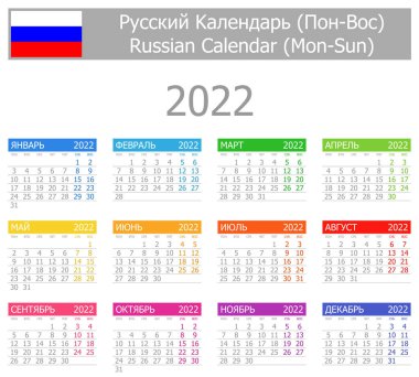 Beyaz arkaplanda 2022 Rus Tip-1 Takvimi Mon-Sun