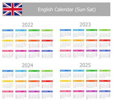 2022-2025 İngilizce Tip-1 Takvim Sun-sat beyaz arkaplanda