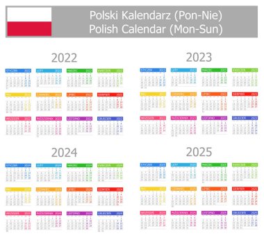 2022-2025 Polonya Tip-1 Takvimi Beyaz zemin üzerinde Mon-Sun