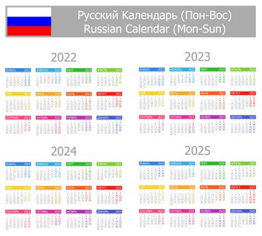 2022-2025 Rus Tip-1 Takvimi Beyaz zemin üzerinde Mon-Sun