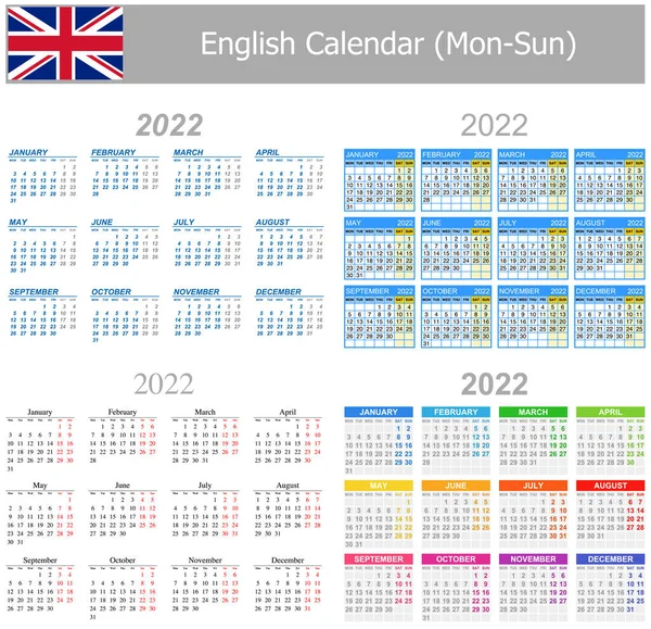 2022年英語ミックスカレンダー Mon Sun White Background — ストックベクタ