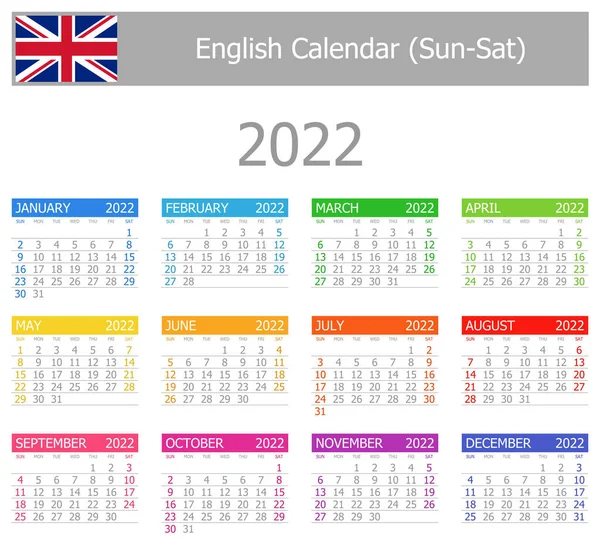 2022 English Type Calendar Sun Sat White Background — 스톡 벡터
