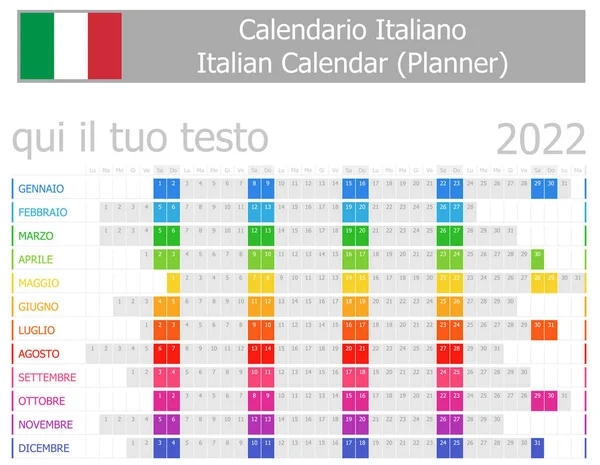 2022 Italian Planner Calendar Horizontal Months White Background — Stock Vector