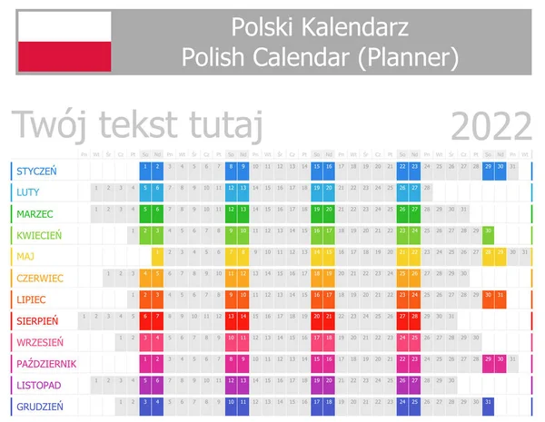 2022 Πολωνικό Ημερολόγιο Planner Οριζόντια Μήνες Λευκό Φόντο — Διανυσματικό Αρχείο