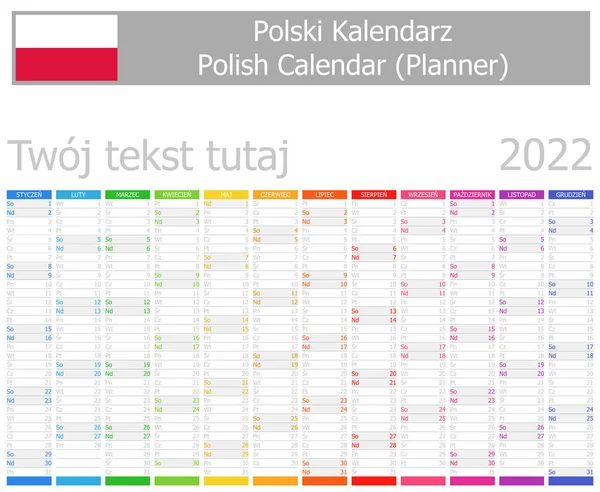 2022 Польський Календар Планування Вертикальними Місяцями Білому Тлі — стоковий вектор