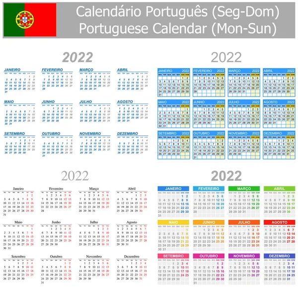 2022 Portoghese Mix Calendar Lun Sole Sfondo Bianco — Vettoriale Stock