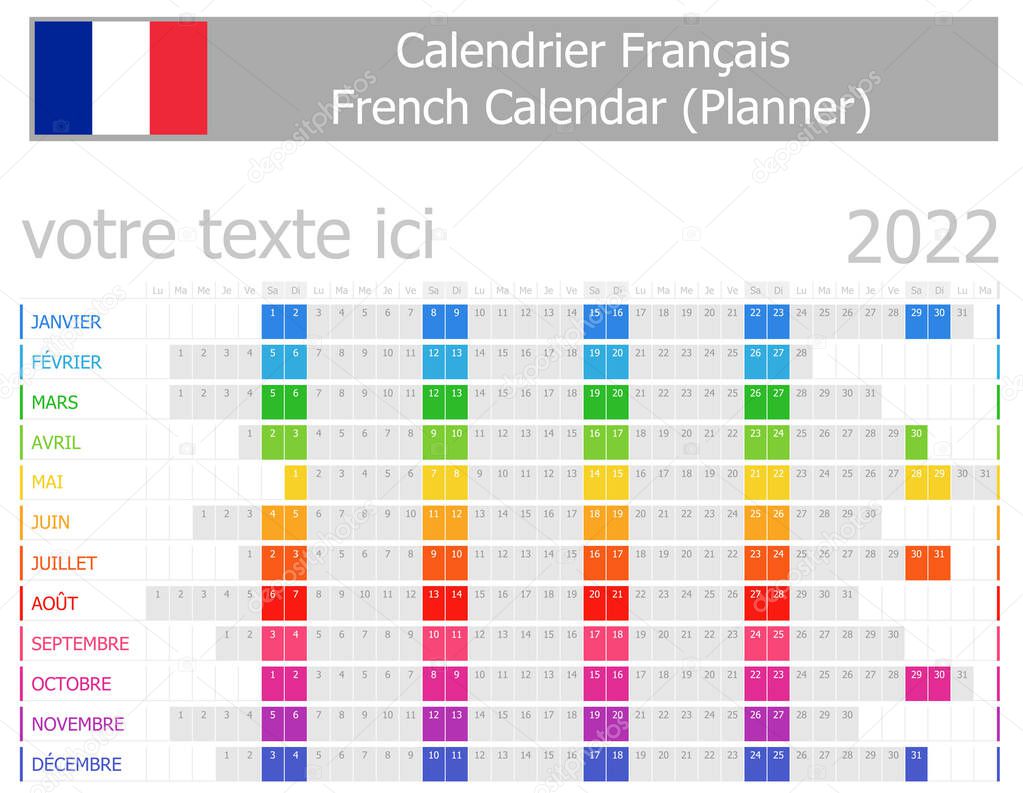 2022 French Planner Calendar with Horizontal Months on white background