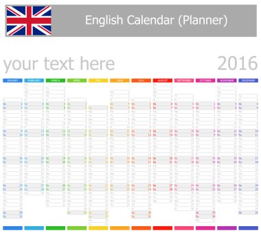 2016 İngilizce planlayıcısı-2 takvim ile dikey ay