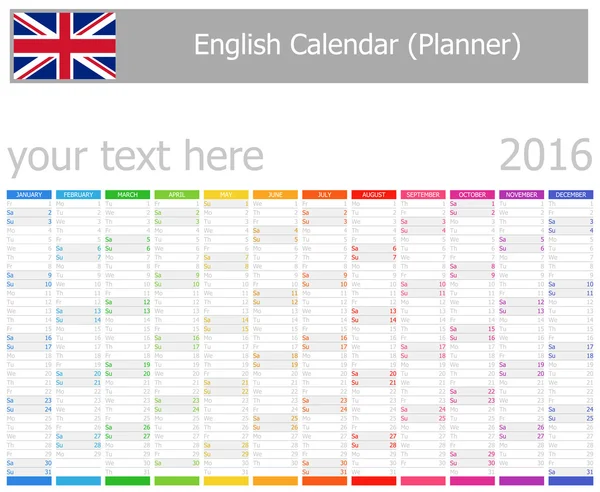 2016 İngilizce planlayıcısı takvim ile dikey ay